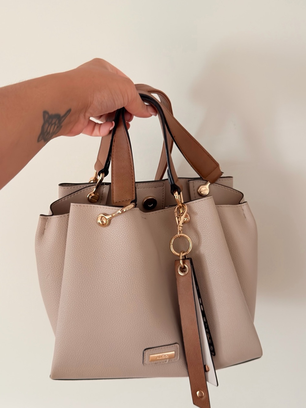 Aldo Taupe Tote with Brown Handles and Gold Hardware
